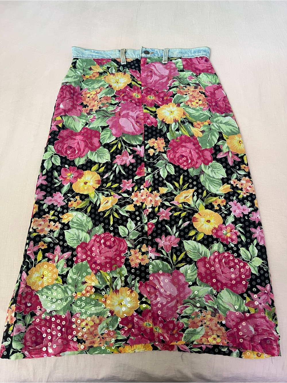 Y2K Fairy Black Floral Sequin Midi Skirt with Pink & Yellow Blooms